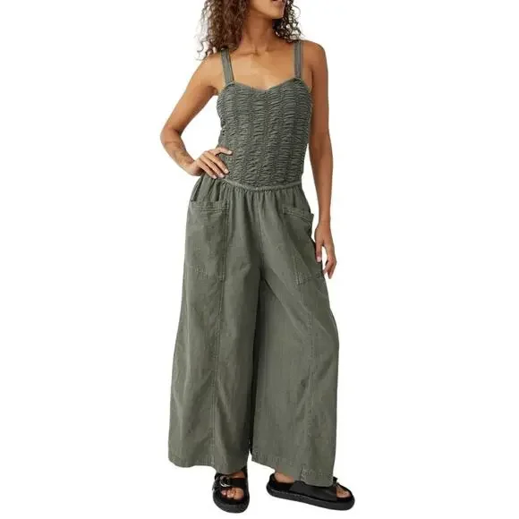 Free People Forever Always Ruched Jumpsuit in Dried Basal size Medium - Picture 2 of 6